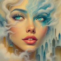 A dreamlike portrait of a woman with striking blue eyes, surrounded by swirling clouds and a hazy cityscape, capturing the essence of fleeting happiness amidst impermanence.