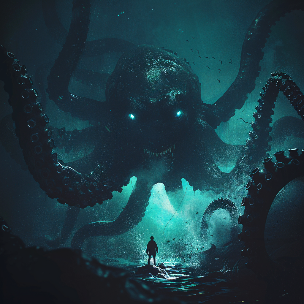 An image of a person facing an enormous sea monster with multiple glowing eyes and tentacles, rising from the ocean depths in a menacing pose.