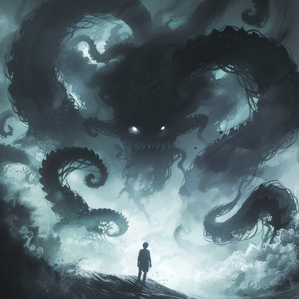 A person stands on a cliff facing a massive, monstrous sea creature with multiple tentacles and glowing eyes emerging from the ocean depths.