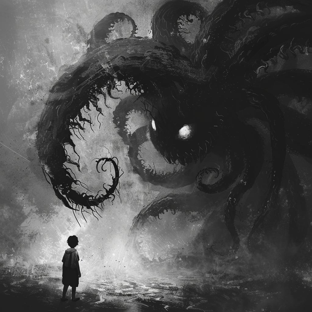 A monochrome illustration depicting a person facing a massive, multifaceted sea monster with numerous eyes, tentacles, and toothy jaws emerging from the ocean.