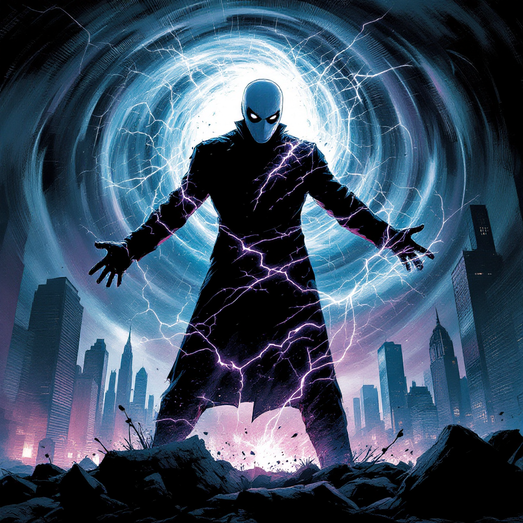 A figure in a dark trench coat stands amidst a storm of swirling energy and lightning, with a city skyline in the background, embodying the theme of oversight from the quote, Who watches the Watchmen?