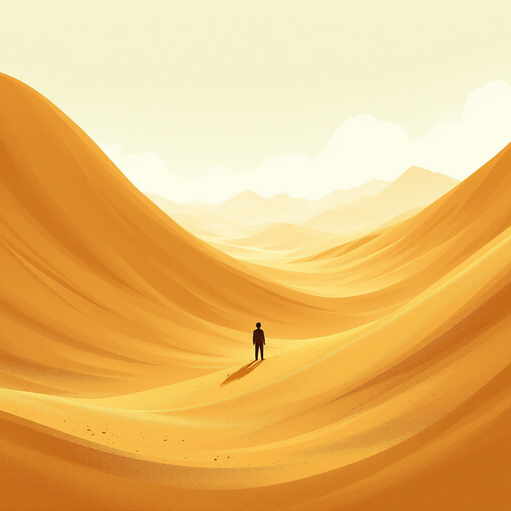 A lone figure stands in a vast, golden desert under a soft sky, symbolizing resilience and the journey of hope after hitting rock bottom.