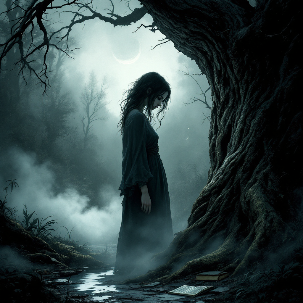 A somber figure stands alone beside a gnarled tree in a misty forest, embodying the weight of decisions and their consequences, as a pale moon casts an eerie glow overhead.