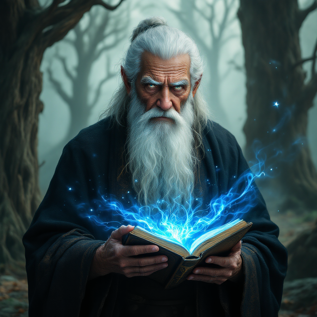 An ancient, bearded figure holds an open book that glows with vibrant blue energy, surrounded by a mystical forest, embodying the quote about knowledge and understanding.