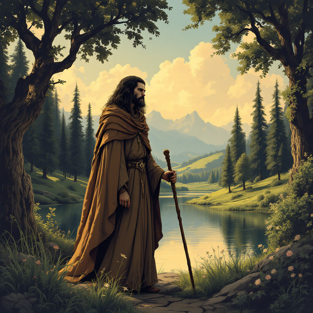 A cloaked figure stands by a serene lake, surrounded by lush trees and mountains, embodying a moment of quiet reflection inspired by the quote on the nature of evil and beginnings.