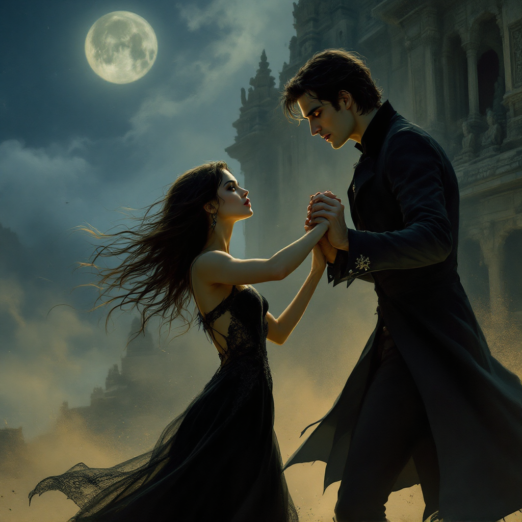 A moonlit scene depicts a man and woman dancing closely, their dark attire blending with the shadows, symbolizing the blurred line between good and evil.