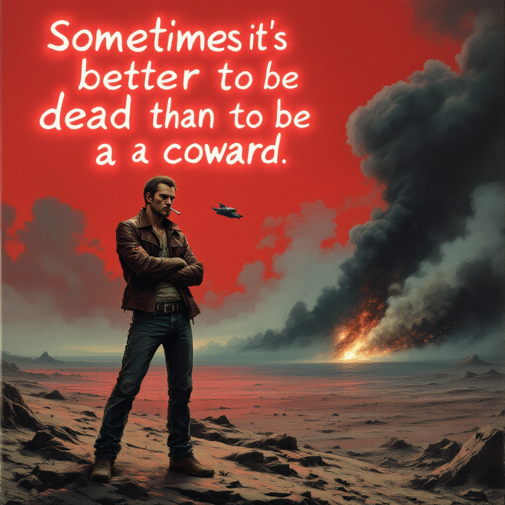 A figure stands confidently on a desolate landscape beneath a fiery red sky, with smoke billowing in the background, embodying the quote: Sometimes it's better to be dead than to be a coward.