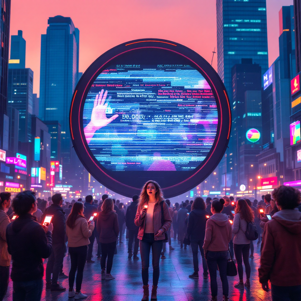 A crowded city street at dusk features a large digital screen displaying vibrant text and an outstretched hand, symbolizing the importance of diverse voices in envisioning a better future.