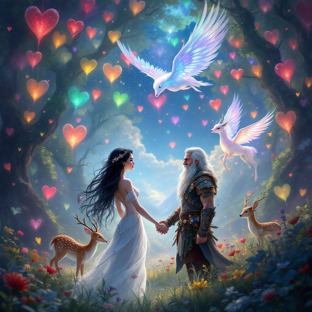 A couple stands hand in hand in an enchanting forest, surrounded by vibrant hearts and ethereal creatures, embodying the unique essence of love, as inspired by the quote.