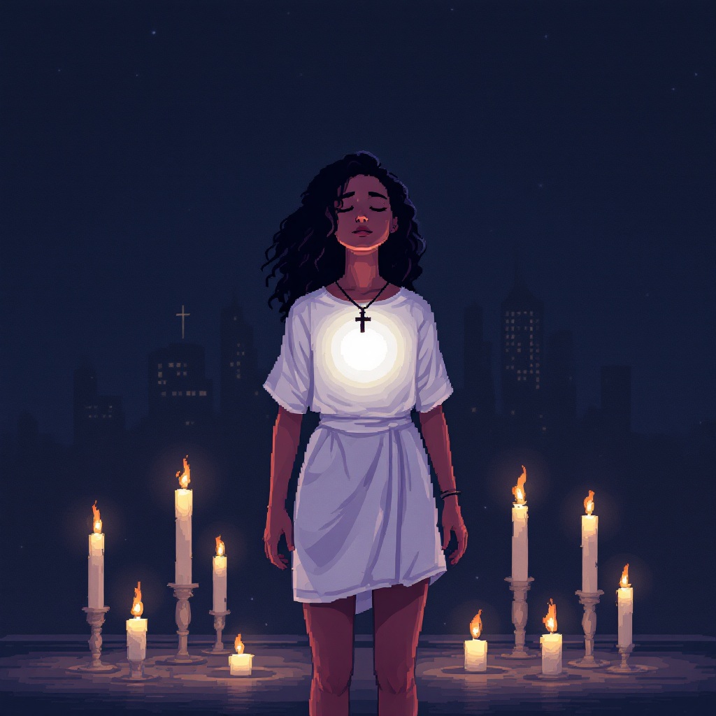 A figure with flowing hair stands in a softly glowing white dress, surrounded by lit candles in a dark cityscape, embodying a moment of quiet faith and belief.