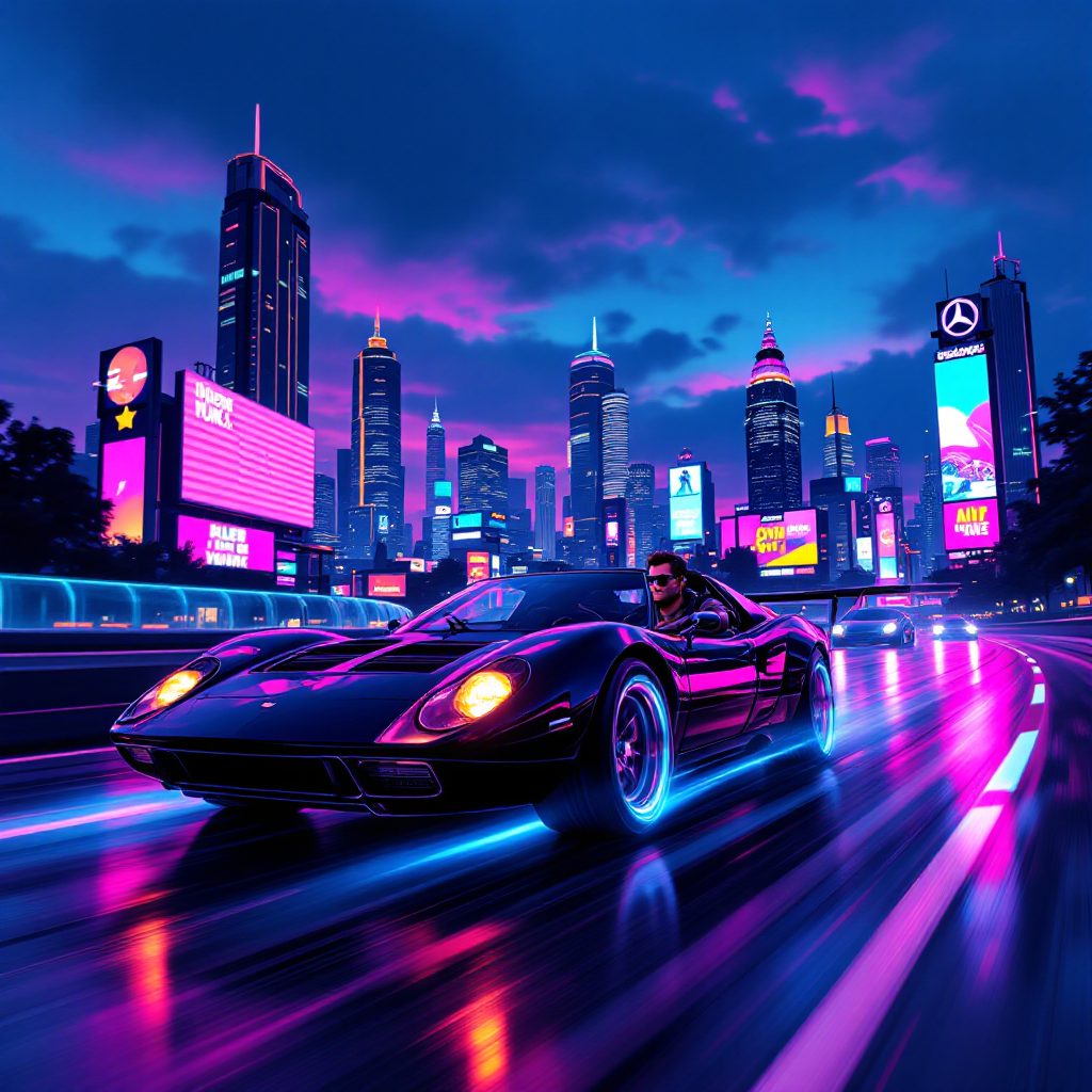 A sleek black sports car speeds through a vibrant, neon-lit cityscape at dusk, capturing the essence of music and artistry as it glides along glowing streets.