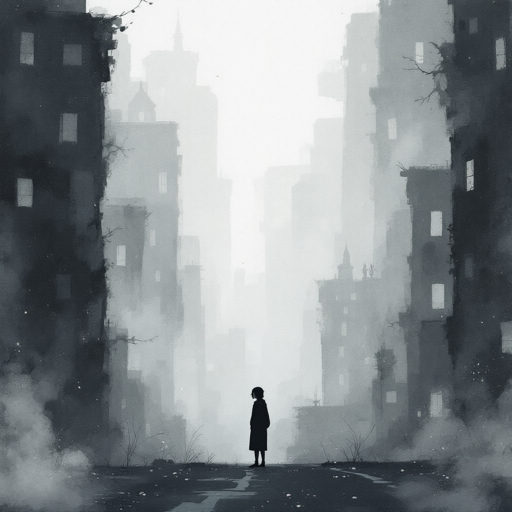 A solitary figure stands in a foggy, desolate cityscape, embodying the quote, Justice isn’t always black and white; sometimes it’s painted in shades of gray.