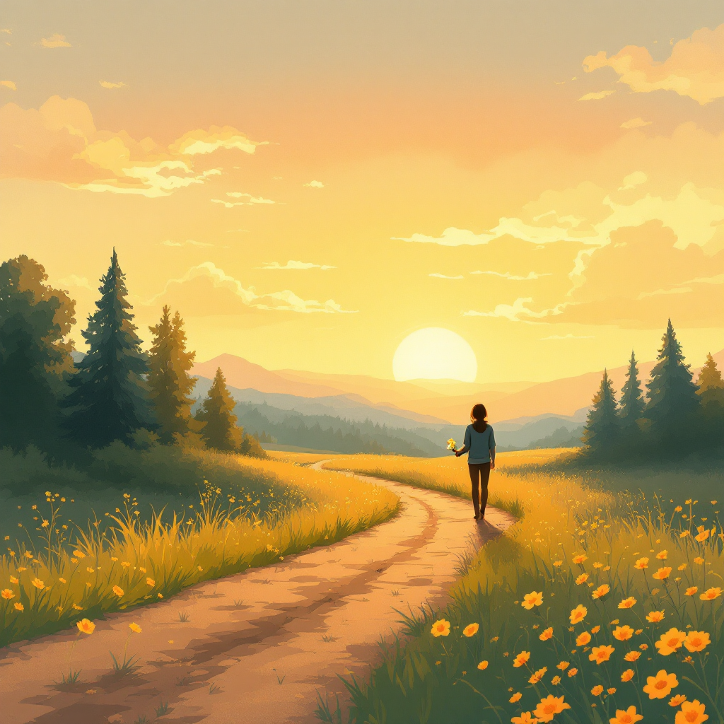 A silhouette of a person walking along a winding path through a vibrant field of flowers as the sun sets, embodying the quote about hope illuminating dark paths.