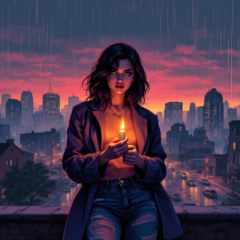 A woman stands on a rooftop at dusk, holding a lit candle amidst rain and a vibrant sunset over the city skyline, embodying the quote about maintaining hope in dark times.