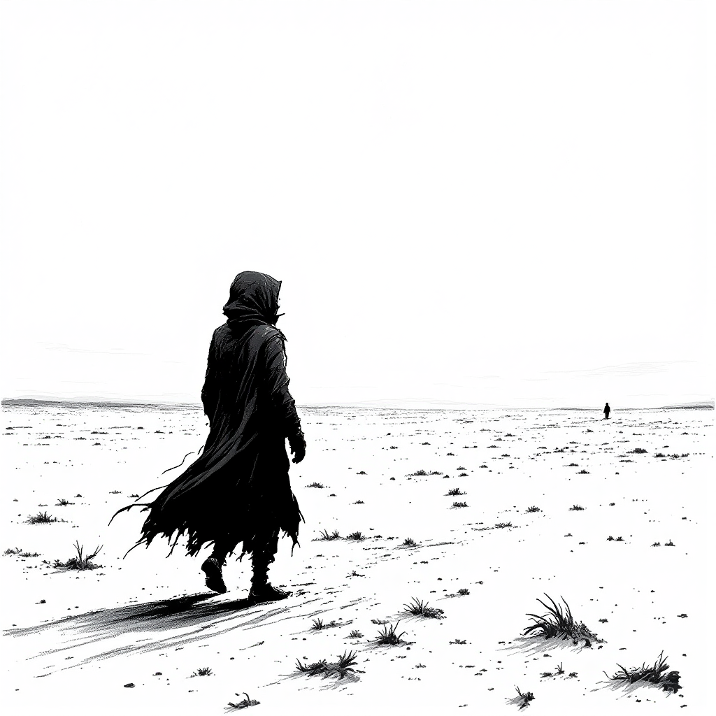 A lone figure in a long cloak walks through a barren landscape, embodying the relentless search for something elusive, surrounded by vast emptiness and faint shadows in the distance.