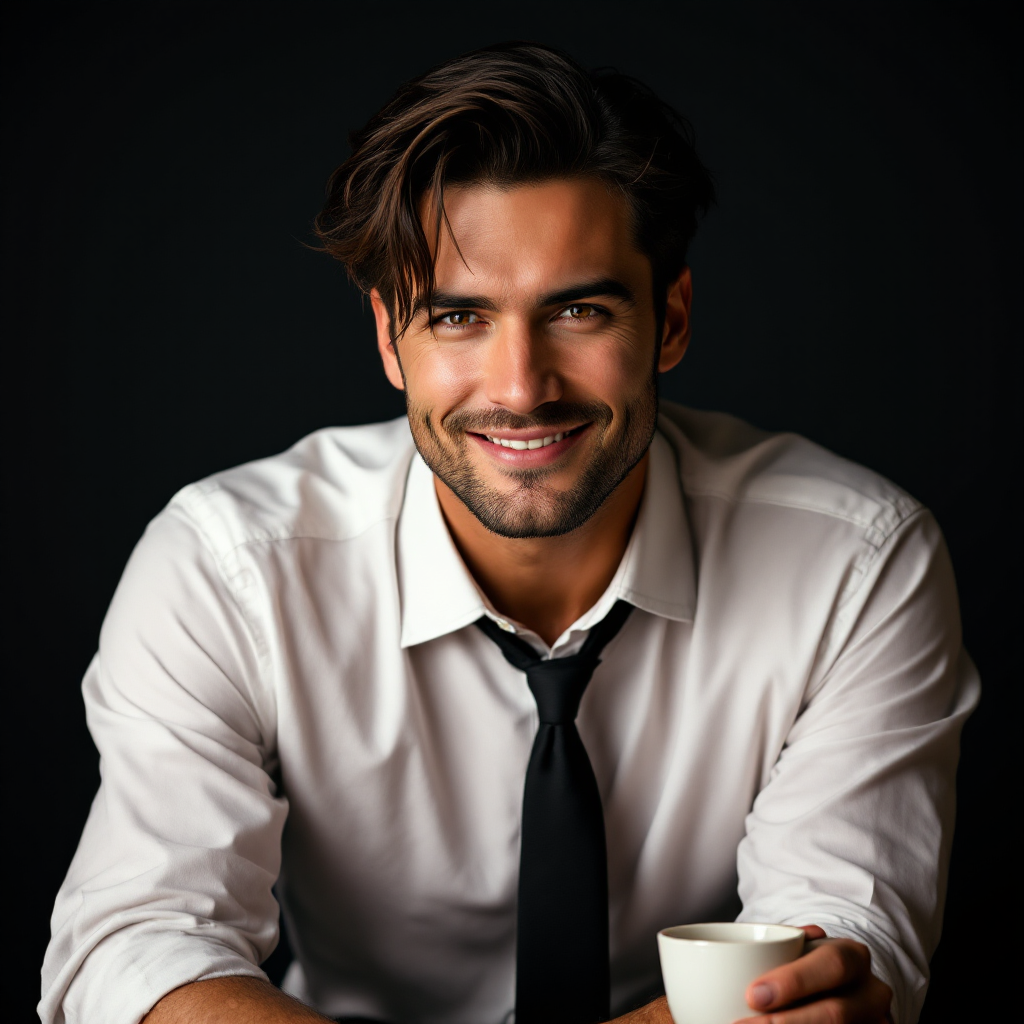 A smiling man in a white shirt and black tie holds a coffee cup, set against a dark background, exuding a friendly and approachable vibe.