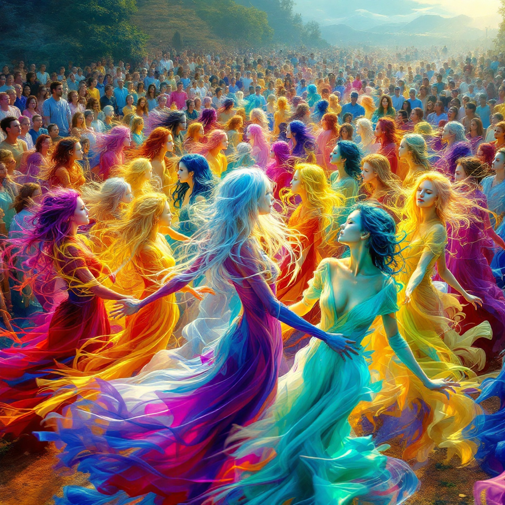 A vibrant crowd dances in a colorful spectacle, embodying the essence of humanity's interconnectedness, reflecting both dancers and observers in a harmonious gathering.