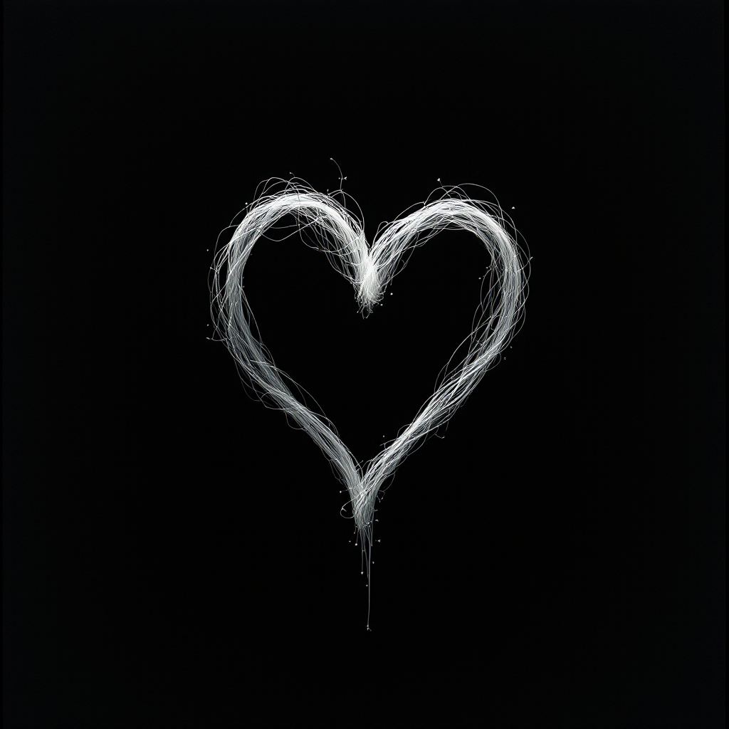 A glowing white heart shape made of delicate strands against a deep black background, symbolizing the miracle of love as expressed in the quote.