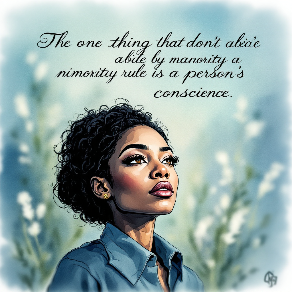 A thoughtful individual with curly hair gazes upwards, surrounded by soft greenery. The quote about conscience and majority rule is elegantly integrated above them.