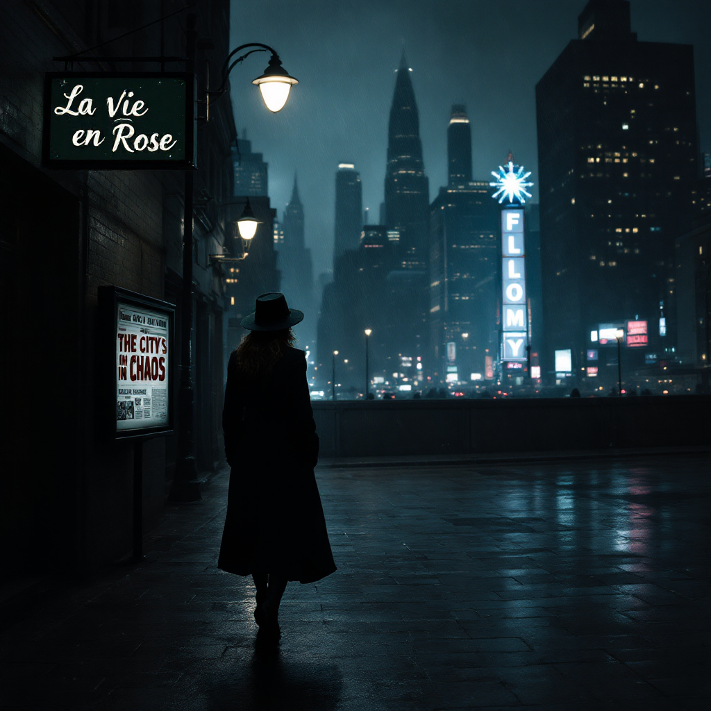 A figure in a black coat stands on a rain-slicked street, silhouetted against a moody cityscape illuminated by neon signs. The scene embodies the complexity of navigating a strange world.