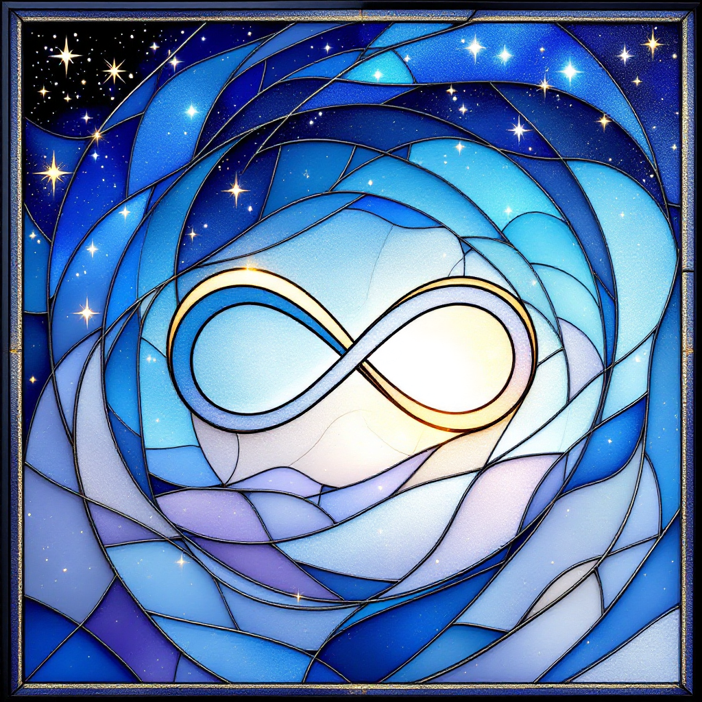 Stained glass-style image of a glowing infinity symbol at the center of layered, flat blue and purple shapes, with stars scattered in the background, reflecting infinity’s uninteresting flatness.