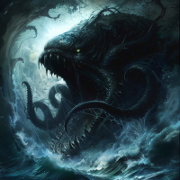 Illustration of a fearsome sea monster with multiple tentacles and toothy jaws emerging from stormy ocean waters under a moonlit sky.