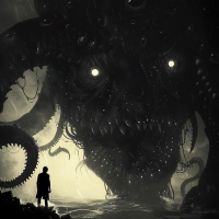 Artistic depiction of a vast sea monster with multiple eyes, tentacles, and sharp teeth emerging from the ocean, confronting a lone figure on the shore.