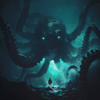 An image of a person facing an enormous sea monster with multiple glowing eyes and tentacles, rising from the ocean depths in a menacing pose.