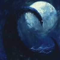 Artistic depiction of a sea monster rising from the ocean depths, with multiple tentacles and eyes, set against a moonlit backdrop.
