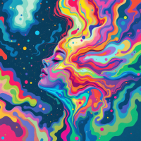 A vibrant, abstract depiction of a woman's profile, surrounded by swirling colors and cosmic elements, illustrating the concept that every experience embodies a form of art.