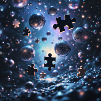 A cosmic scene featuring floating puzzle pieces and shimmering bubbles, set against a deep blue backdrop, illustrating the essence of unraveling a puzzle's meaning.