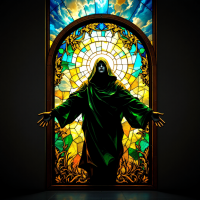 A cloaked figure stands in front of a vibrant stained glass window, arms outstretched, embodying the paradox of striving for freedom amid its ultimate illusion.