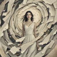 A woman in a flowing white dress stands confidently amidst swirling pages, embodying the quote Courage is grace under pressure, radiating strength and calm in chaos.