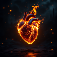 A glowing heart, enveloped in flames, symbolizes passion and intensity, embodying the quote The heart is an organ of fire in a dramatic and visually striking manner.