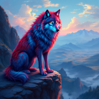 A vibrant, mystical wolf with striking blue eyes and a colorful, fluffy coat stands on a rocky cliff, overlooking a breathtaking valley at sunset, embodying the essence of the quote.