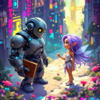 A futuristic robot stands on a vibrant city street, engaging with a whimsical fairy. Their unexpected friendship highlights the quote about how such bonds shape us.