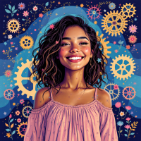 A woman with curly hair smiles brightly, surrounded by floral motifs and decorative gears, embodying the quote Freedom is the recognition of necessity through her joyful expression and vibrant background.