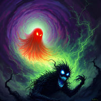 A dark, swirling vortex illuminates two creatures: a vibrant, glowing ghost and a monstrous, shadowy figure. They embody the internal struggle of monsters and ghosts that reside within us.