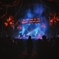 A dramatic circus scene features a performer illuminated under colorful lights, with an audience in shadow, echoing the quote about the unseen watchers in the circus.