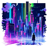 A silhouetted figure stands before a vibrant, futuristic cityscape illuminated in neon colors, embodying the complexity of interpreting others' words and meanings.