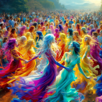 A vibrant crowd dances in a colorful spectacle, embodying the essence of humanity's interconnectedness, reflecting both dancers and observers in a harmonious gathering.