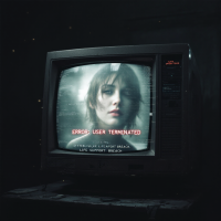 A vintage television displays a haunting close-up of a woman’s face, with text reading ERROR: USER TERMINATED, reflecting a theme of life and death.