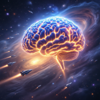 A glowing, brain-shaped celestial object radiates energy in space as sleek spacecraft zoom past, symbolizing a million-year-old planet-sized brain mastering space travel.