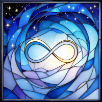 Stained glass-style image of a glowing infinity symbol at the center of layered, flat blue and purple shapes, with stars scattered in the background, reflecting infinity’s uninteresting flatness.