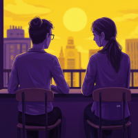 Two people sit side by side at a rooftop railing, watching the sunset over a cityscape, reflecting on a missed lesson from a mother’s advice.