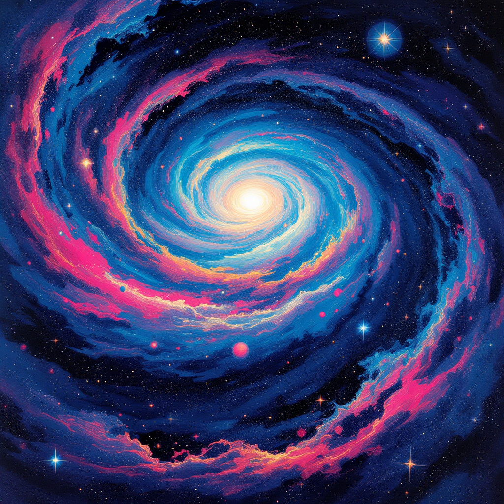 A vibrant cosmic swirl of blues, pinks, and purples, depicting a galaxy. Stars twinkle amidst the colors, symbolizing the universe as a canvas for creative storytelling.