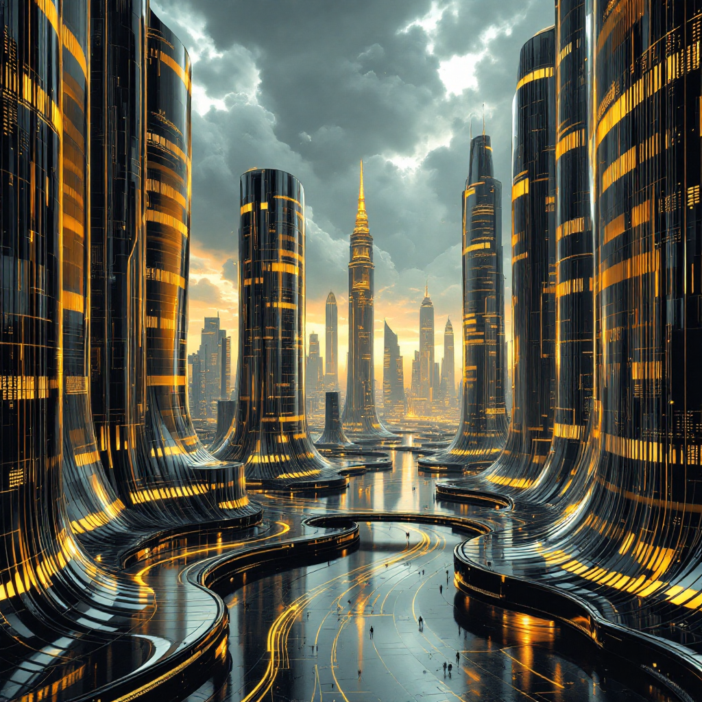 A futuristic cityscape with glossy, futuristic towers in gold and dark tones reflects a moody sky, evoking the quote about the dislike for yellow and brown amidst vibrant surroundings.