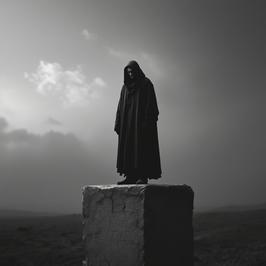 A cloaked figure stands on a weathered pedestal, silhouetted against a moody sky, embodying the essence of the quote: Better never means better for everyone... it always means worse, for some.