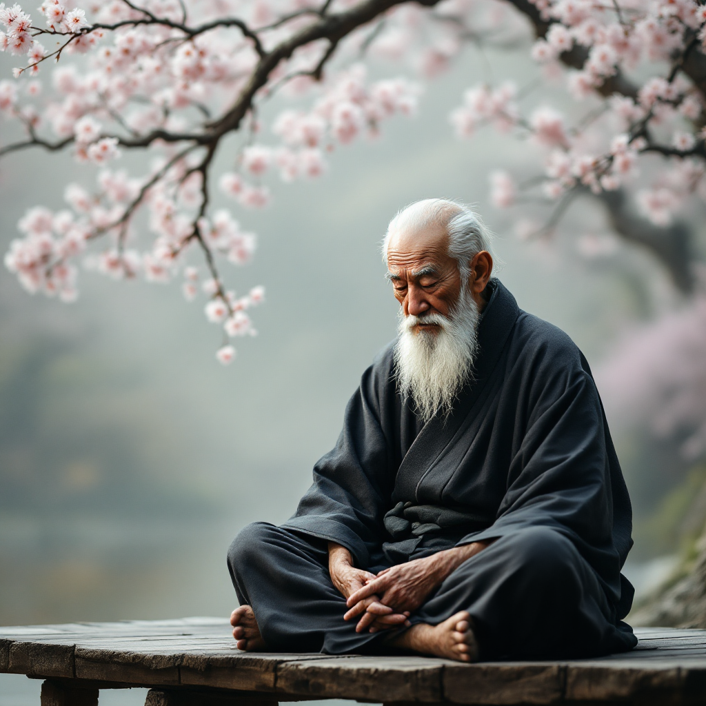 A serene elderly man in traditional attire meditates on a wooden platform, surrounded by blossoming cherry trees, embodying the essence of belief and introspection.