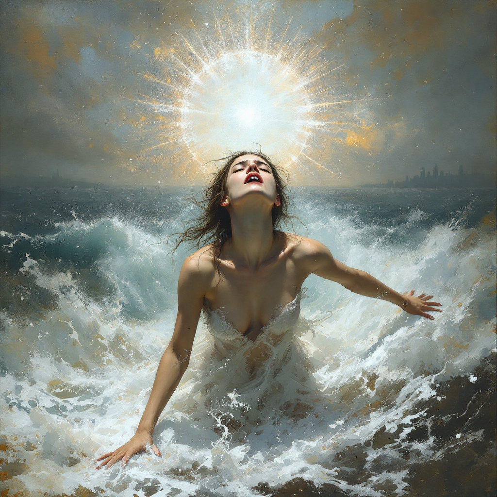 A woman in a flowing dress emerges from tumultuous waves, her face expressing both anguish and determination, under a radiant sun that symbolizes the coexistence of truth and pain in art.